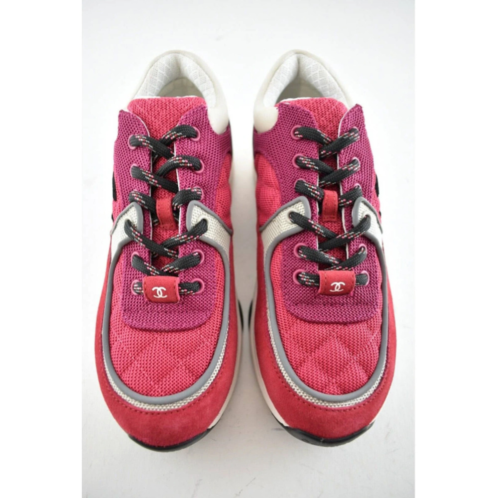 Chanel 21B Pink Black White Silver CC Logo Tie Flat Runner Trainer Sneaker 39 - Picture 6 of 12